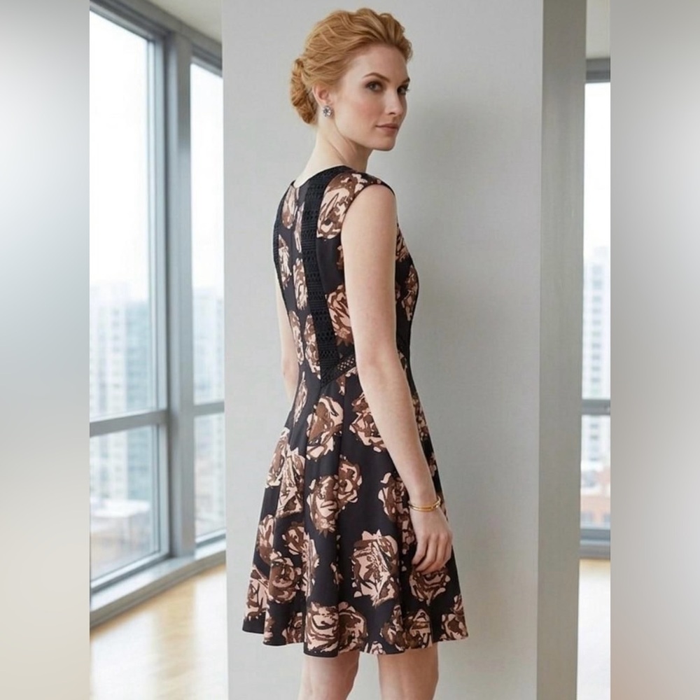 Taylor Black and Brown Floral Fit &
Flare Dress with Lace Details (NWT)